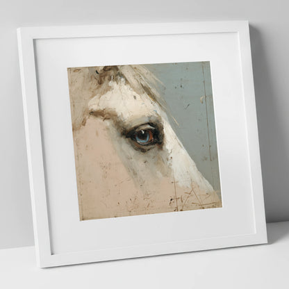 The Watchful Grey horse portrait art print in white frame