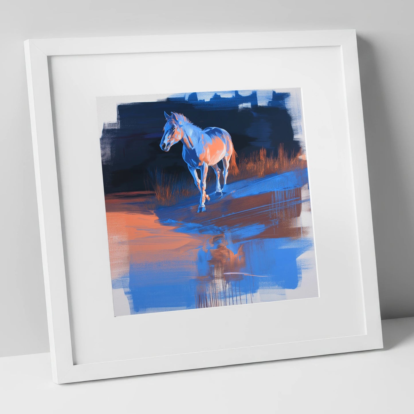 Cobalt Dawn Crossing horse landscape art print in white frame