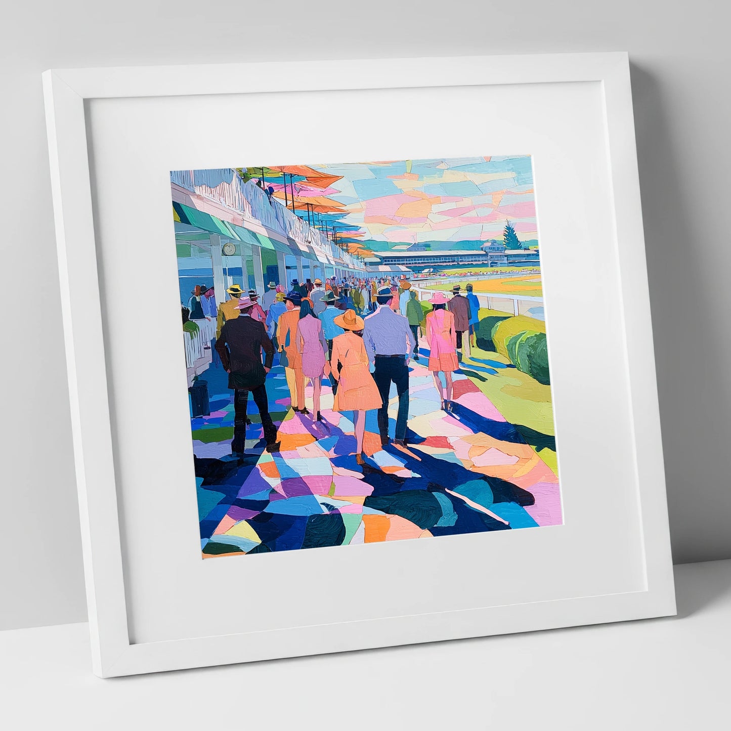 Vibrant Grandstand Parade racing horse art print in white frame