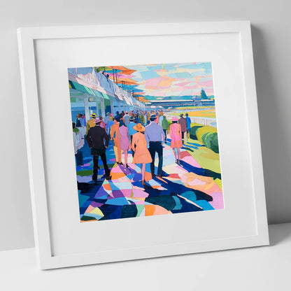 Vibrant Grandstand Parade racing horse art print in white frame