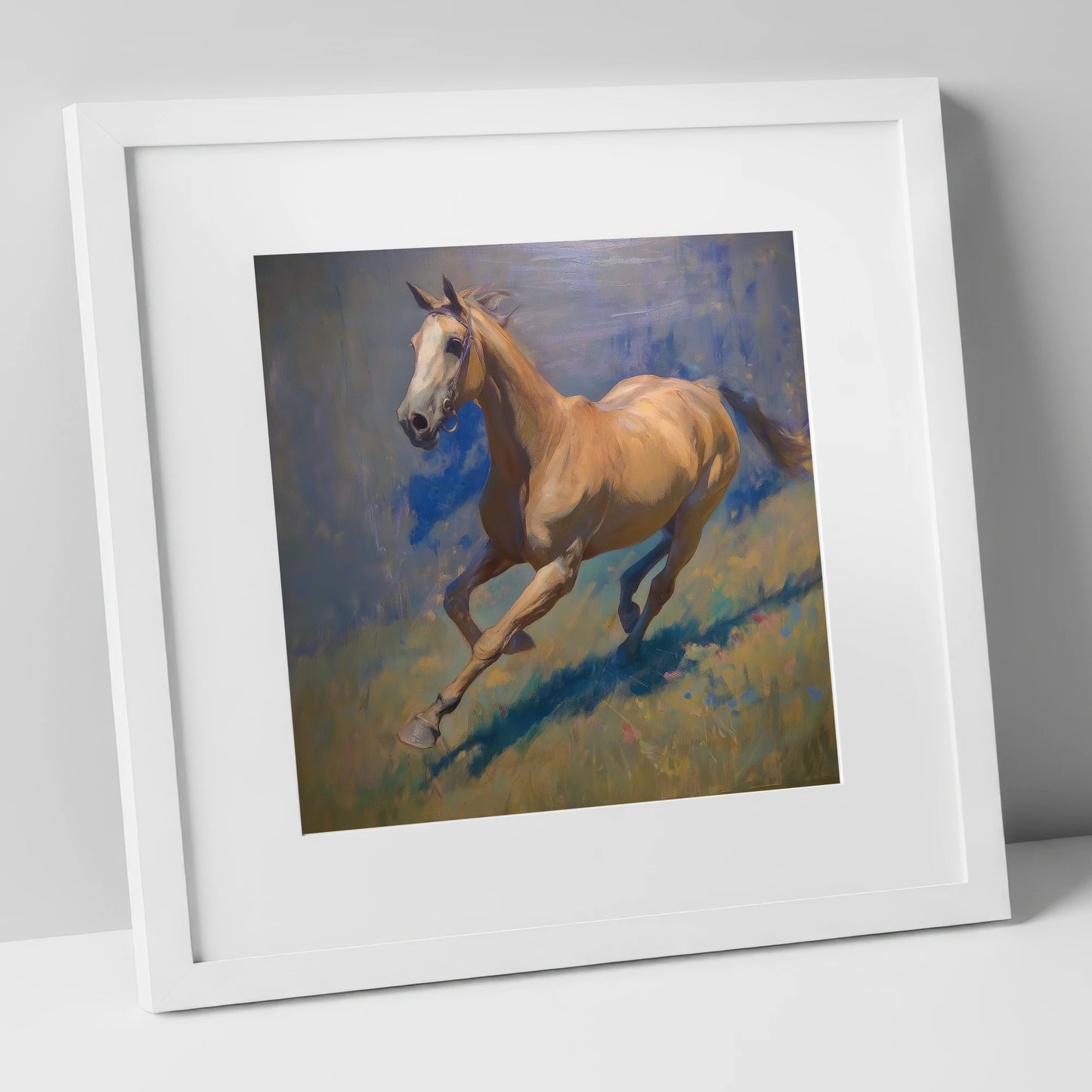 Golden Stride racing horse art print in white frame