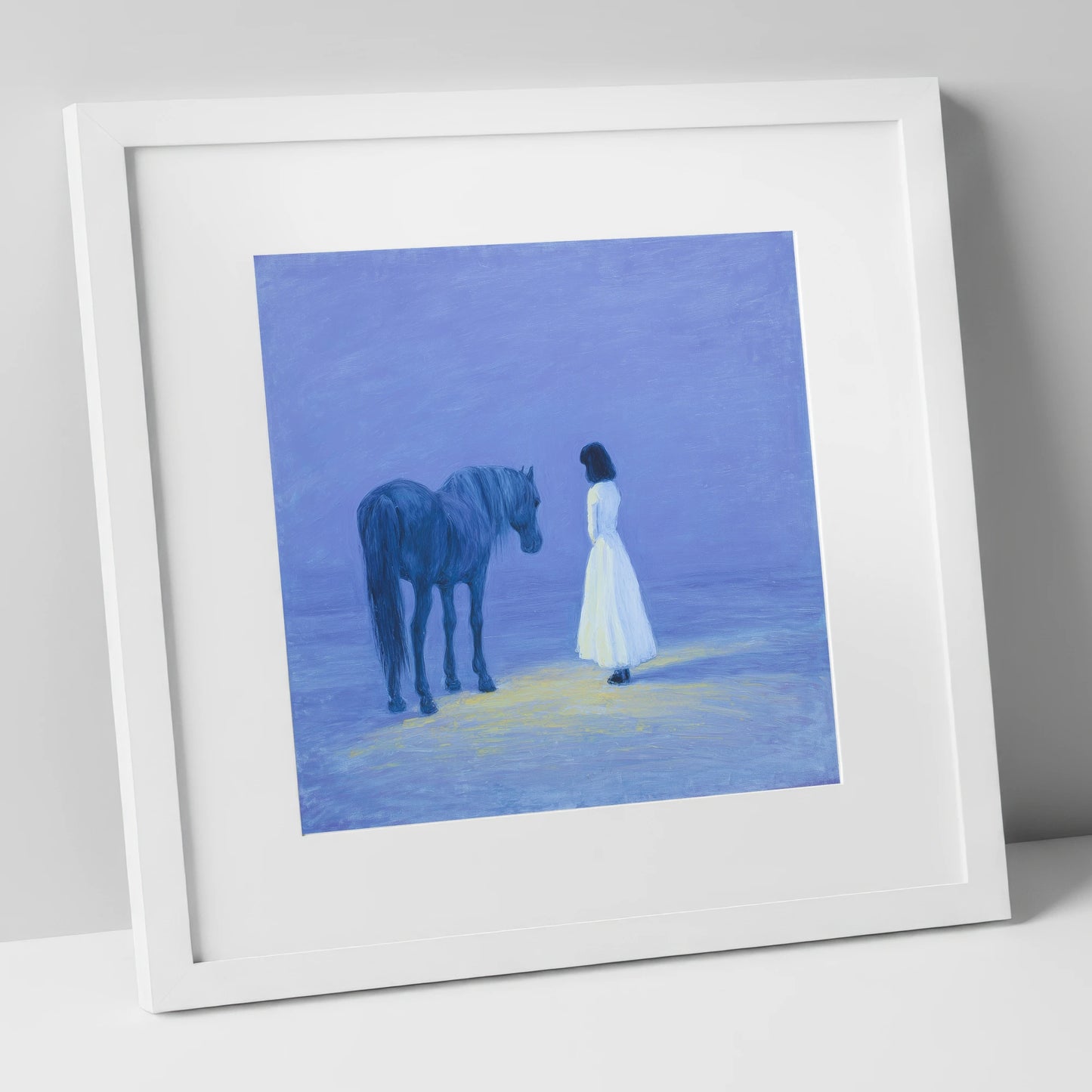 The Quiet Meeting horse & rider art print in white frame