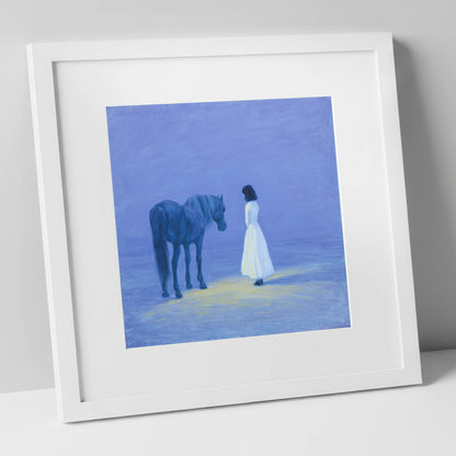 The Quiet Meeting horse & rider art print in white frame