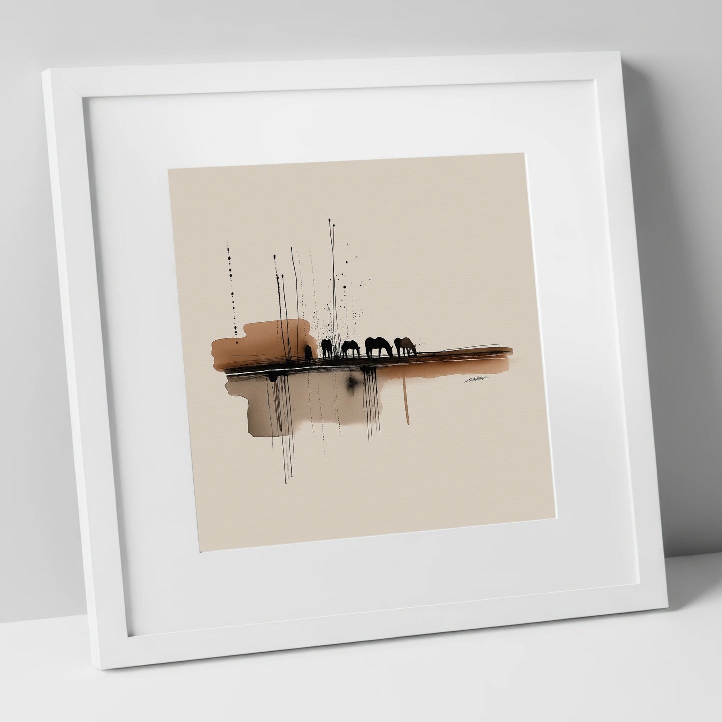Sepia Horizon Herd horse landscape art print in white frame