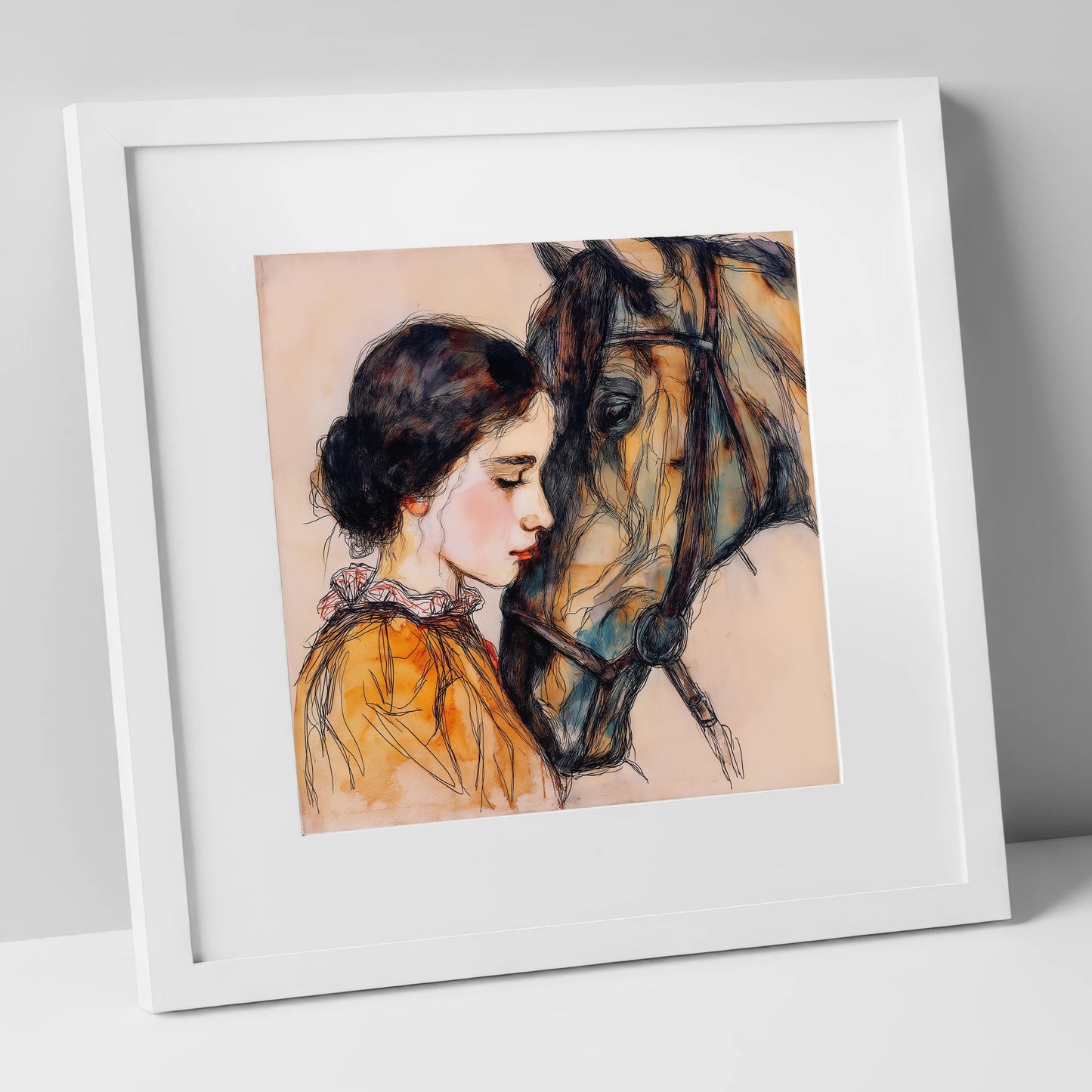 The Unspoken Bond horse & rider art print in white frame