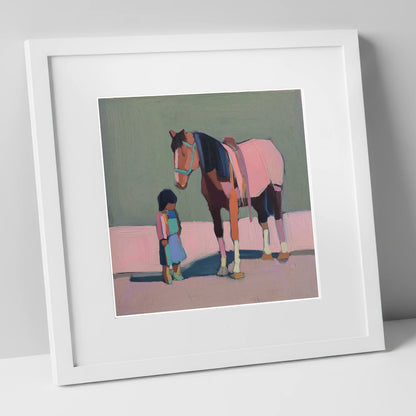 Quiet Connection horse & rider art print in white frame
