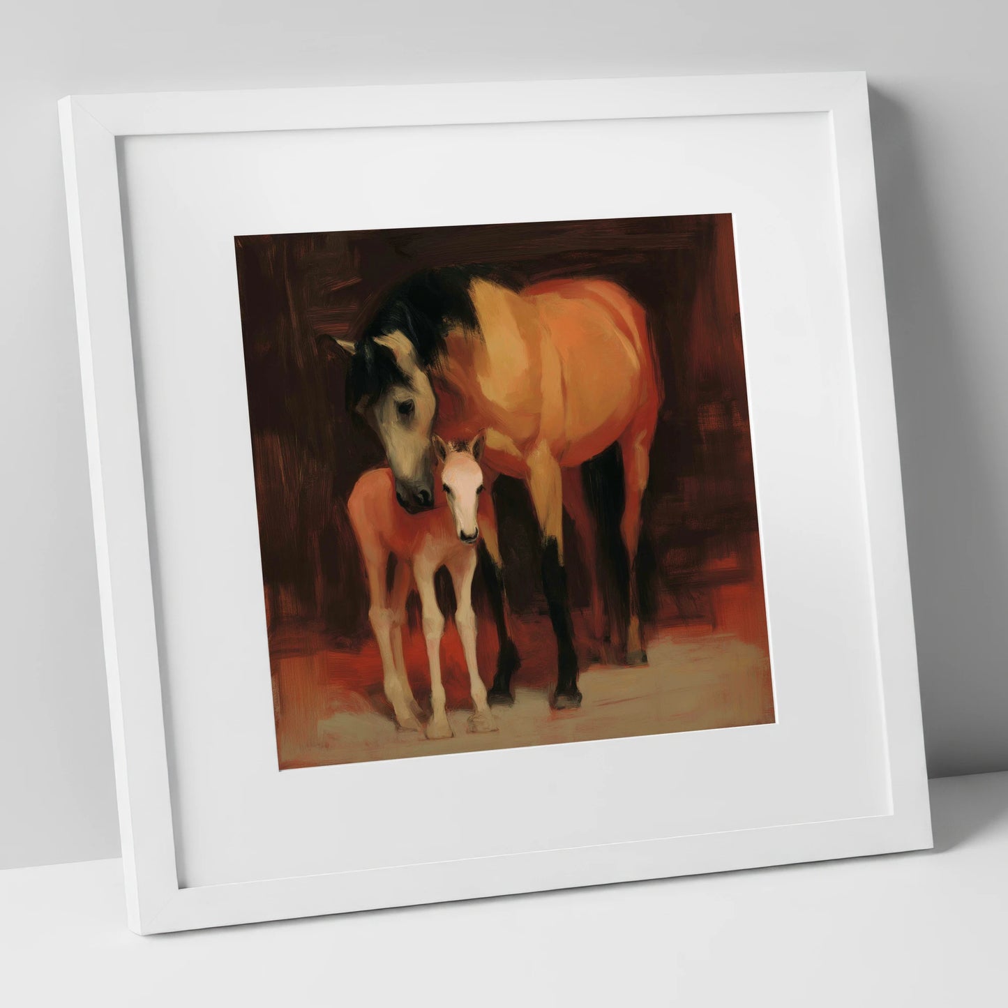 The Nurturing Bond mare & foal art print in white frame