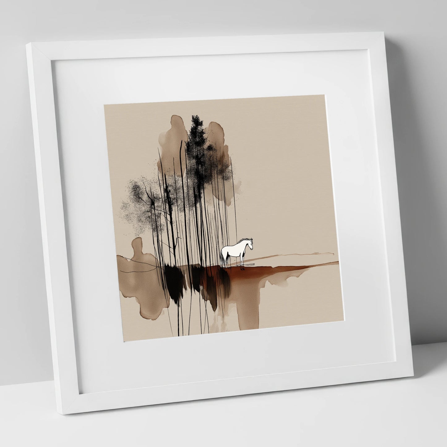 Sepia Solitude horse landscape art print in white frame