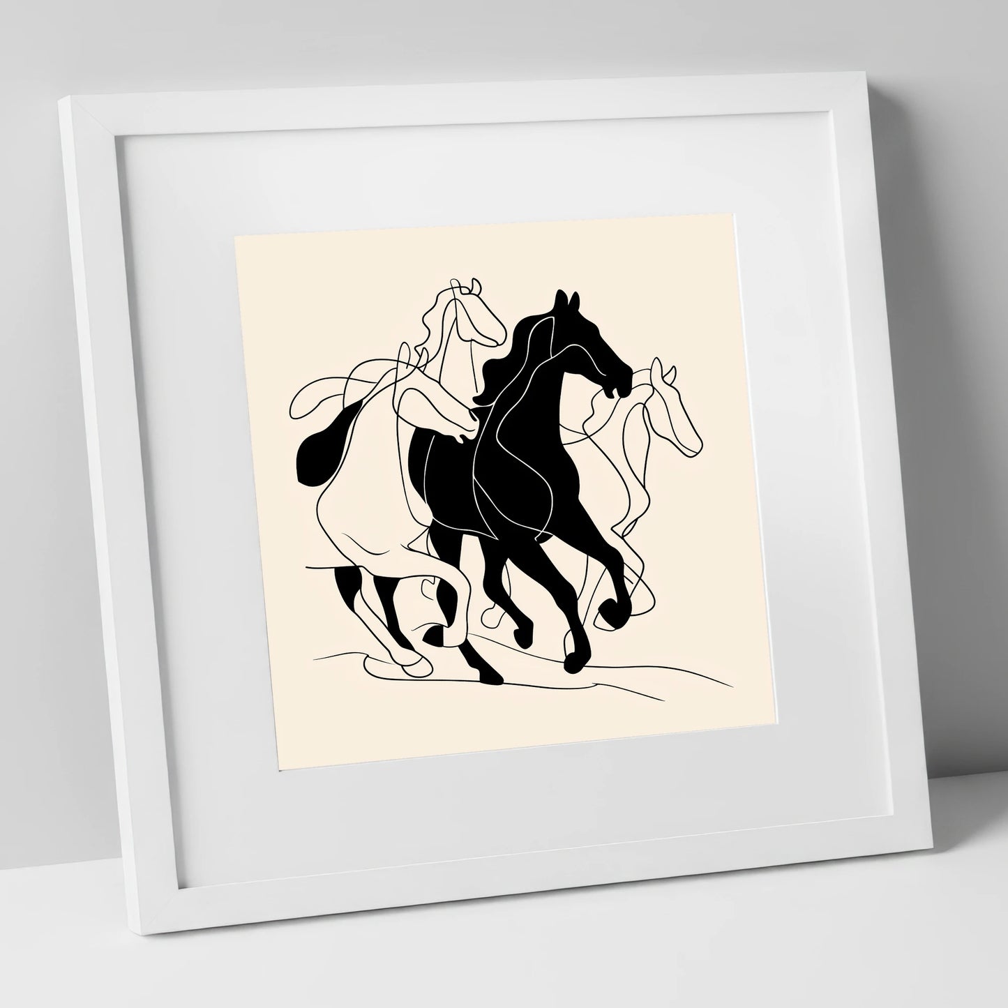 Fluid Equine Silhouette wild horses art print in white frame