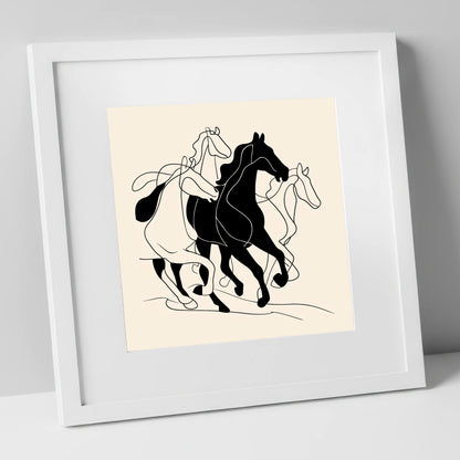 Fluid Equine Silhouette wild horses art print in white frame