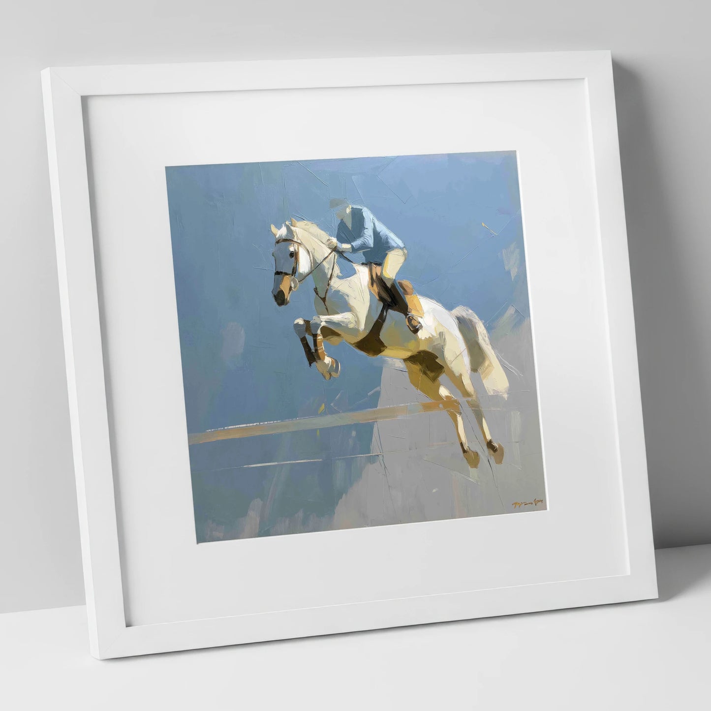 Flight Over Slate show jumping horse art print in white frame