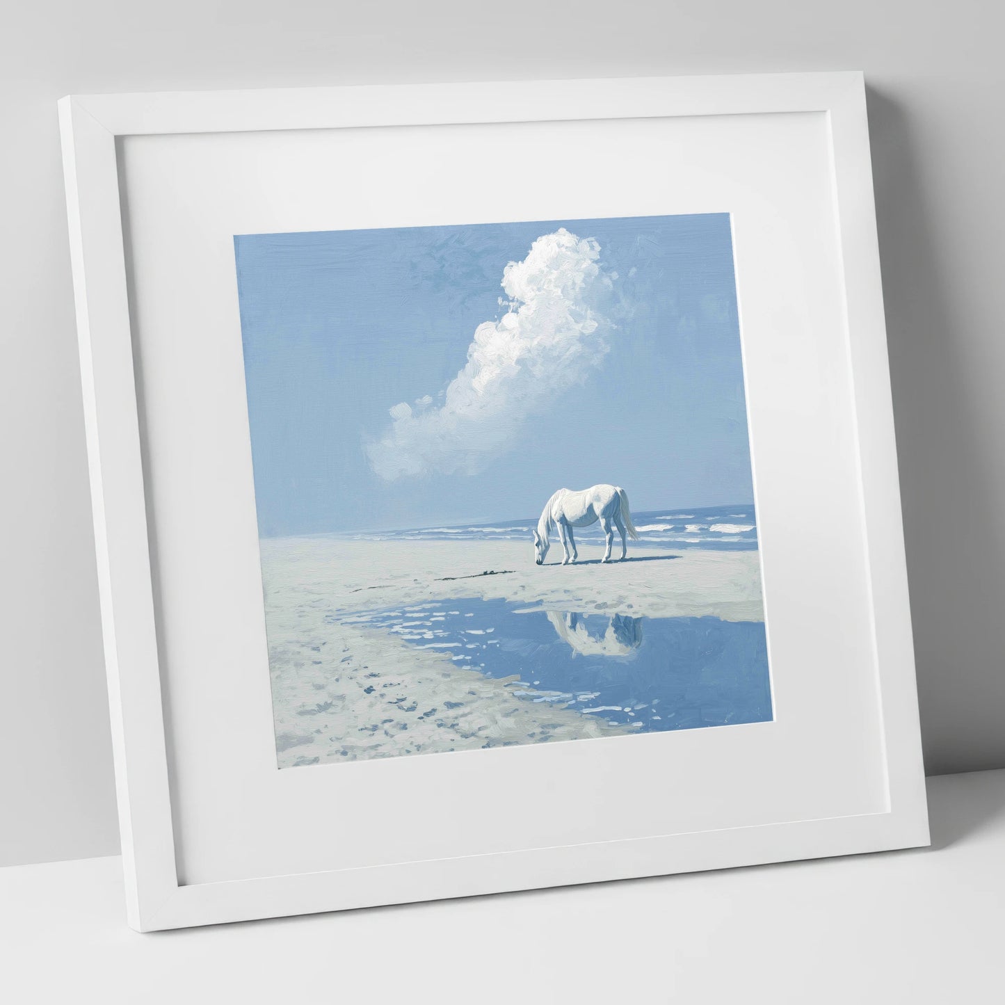 Azure Shore Solitude horse landscape art print in white frame