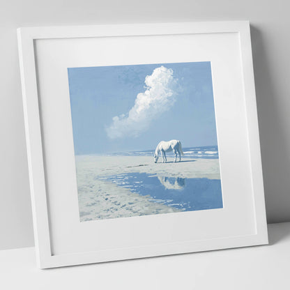Azure Shore Solitude horse landscape art print in white frame