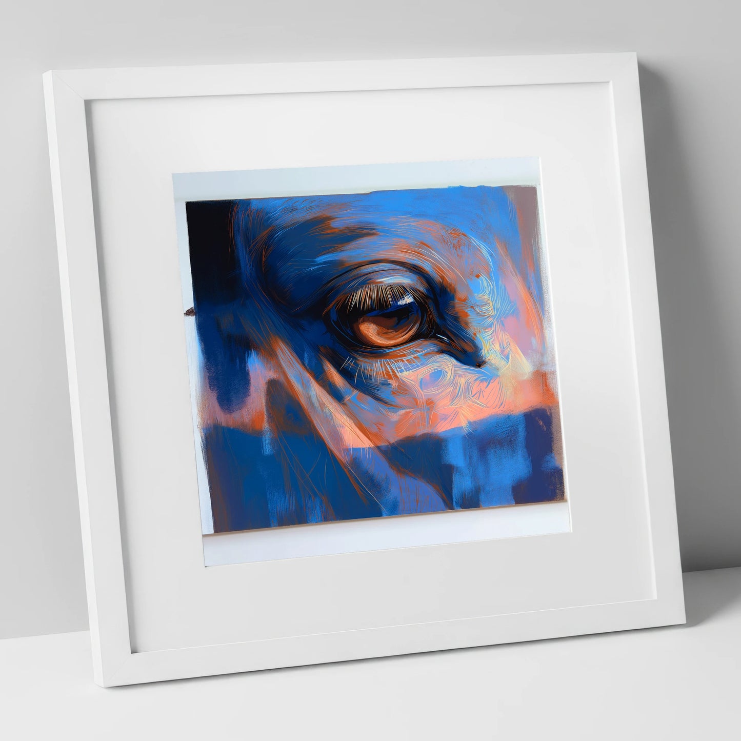 Soulful Azure Gaze horse portrait art print in white frame