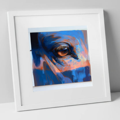 Soulful Azure Gaze horse portrait art print in white frame