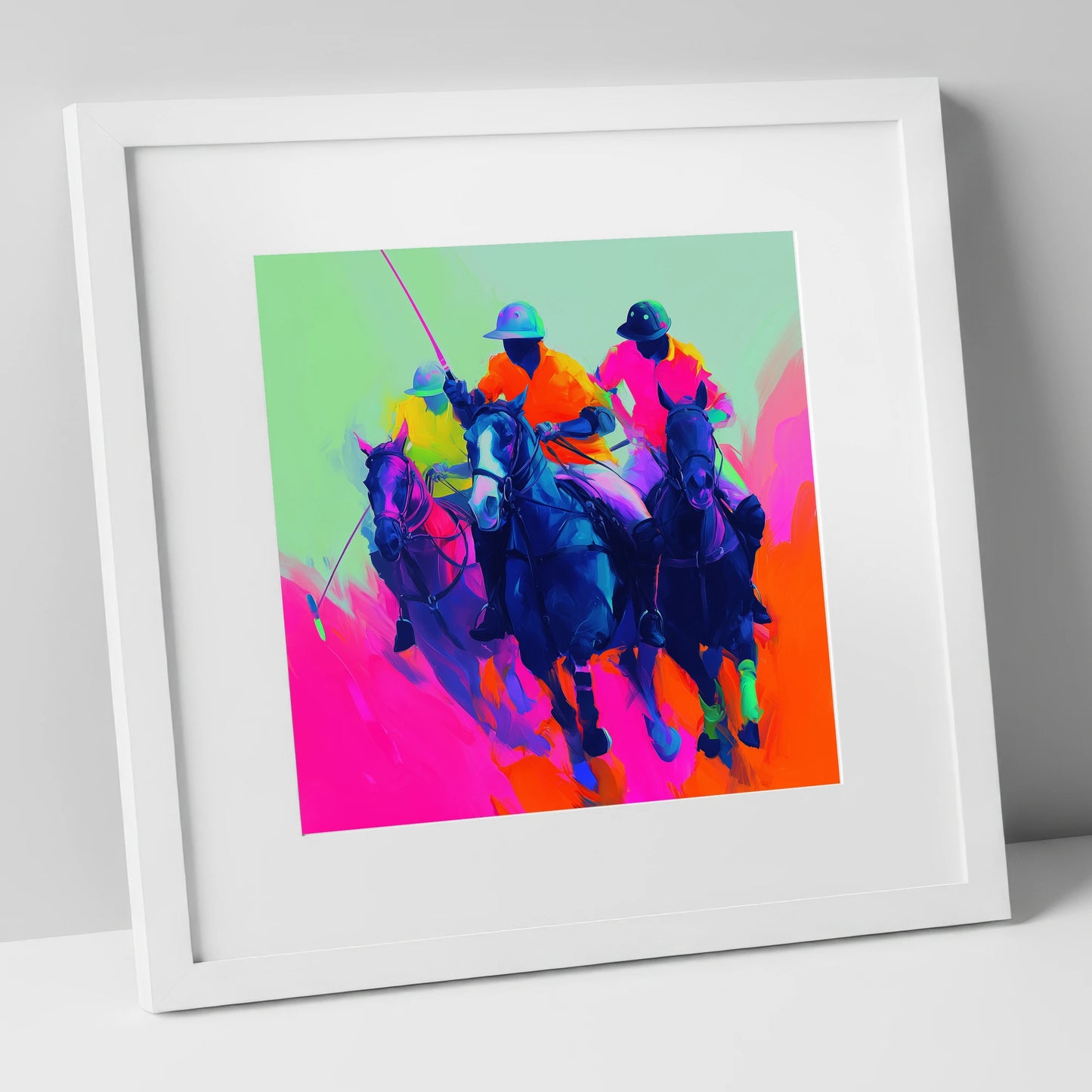 Pulse of the Match polo horse art print in white frame