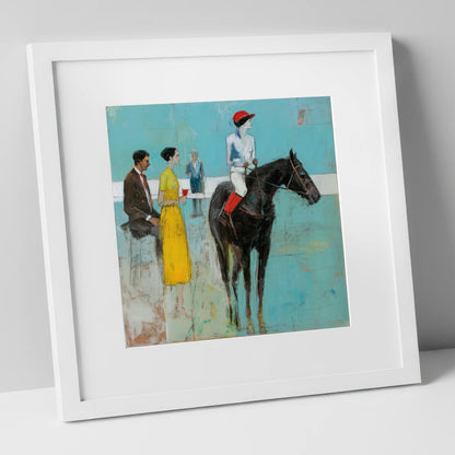 The Parade Ring racing horse art print in white frame