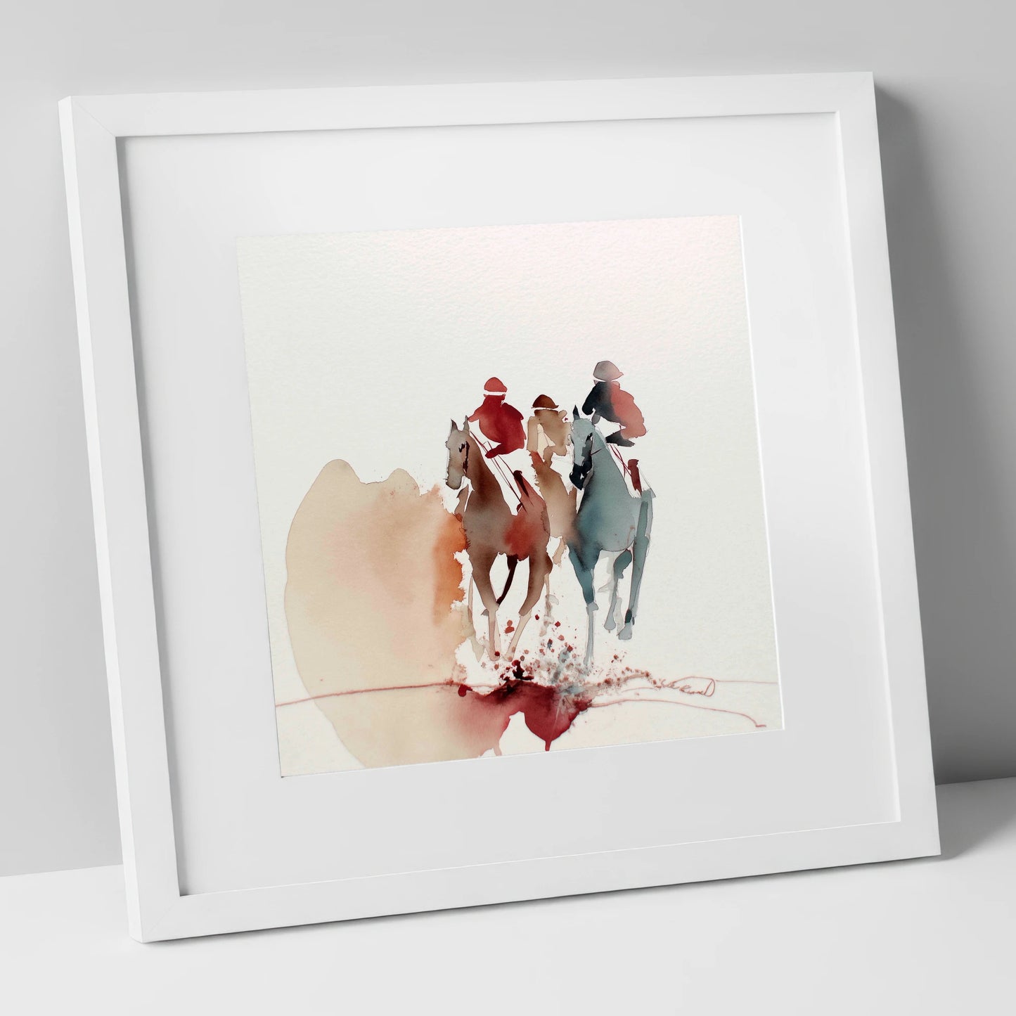The Final Stretch racing horse art print in white frame