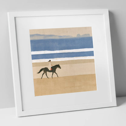 Tranquil Coastal Ride beach horse art print in white frame
