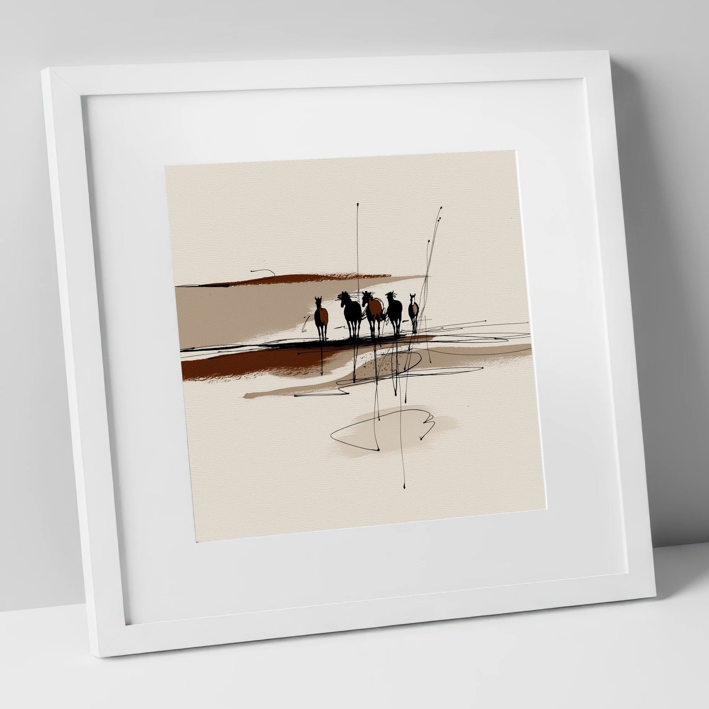 Abstract Herd Shadows wild horses art print in white frame