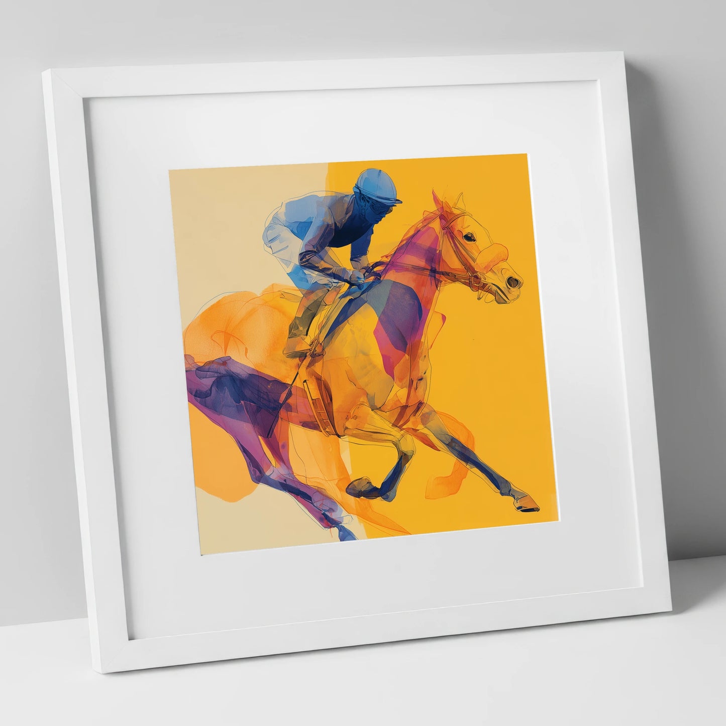 Cobalt Racing Stride racing horse art print in white frame
