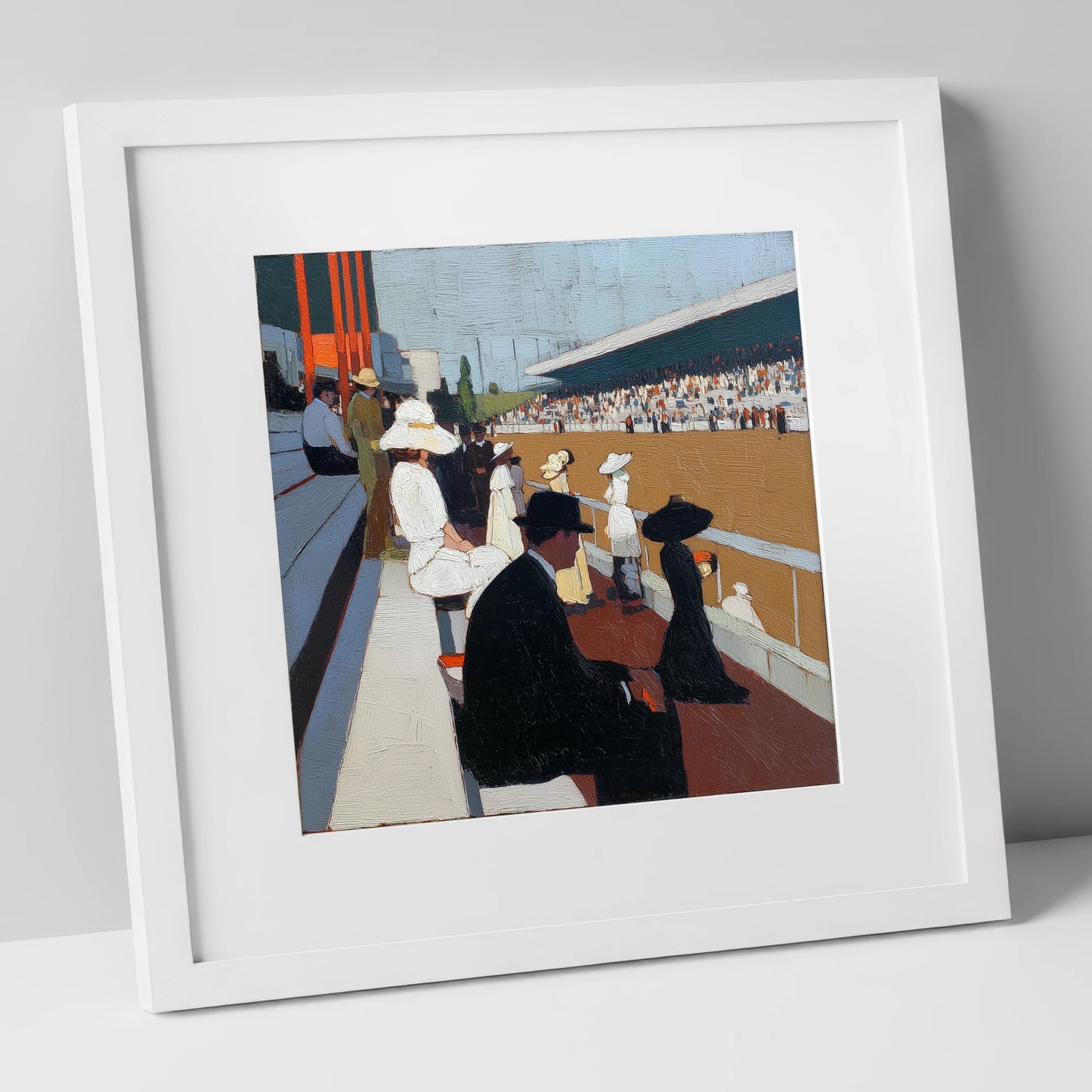 The Grandstand Spectacle racing horse art print in white frame