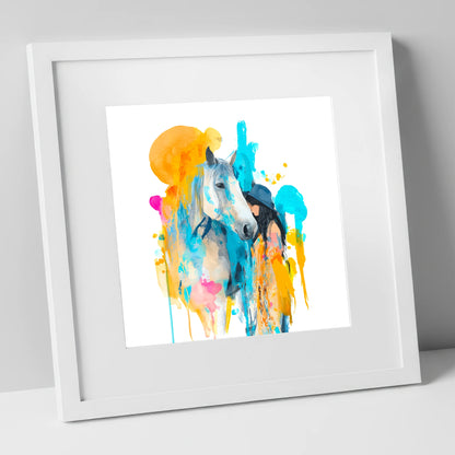 Vibrant Connection horse & rider art print in white frame