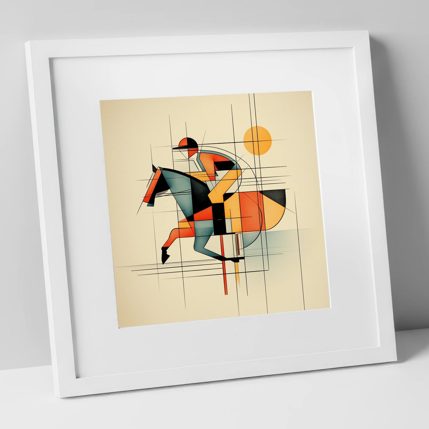 Rhythmic Racing Lines racing horse art print in white frame