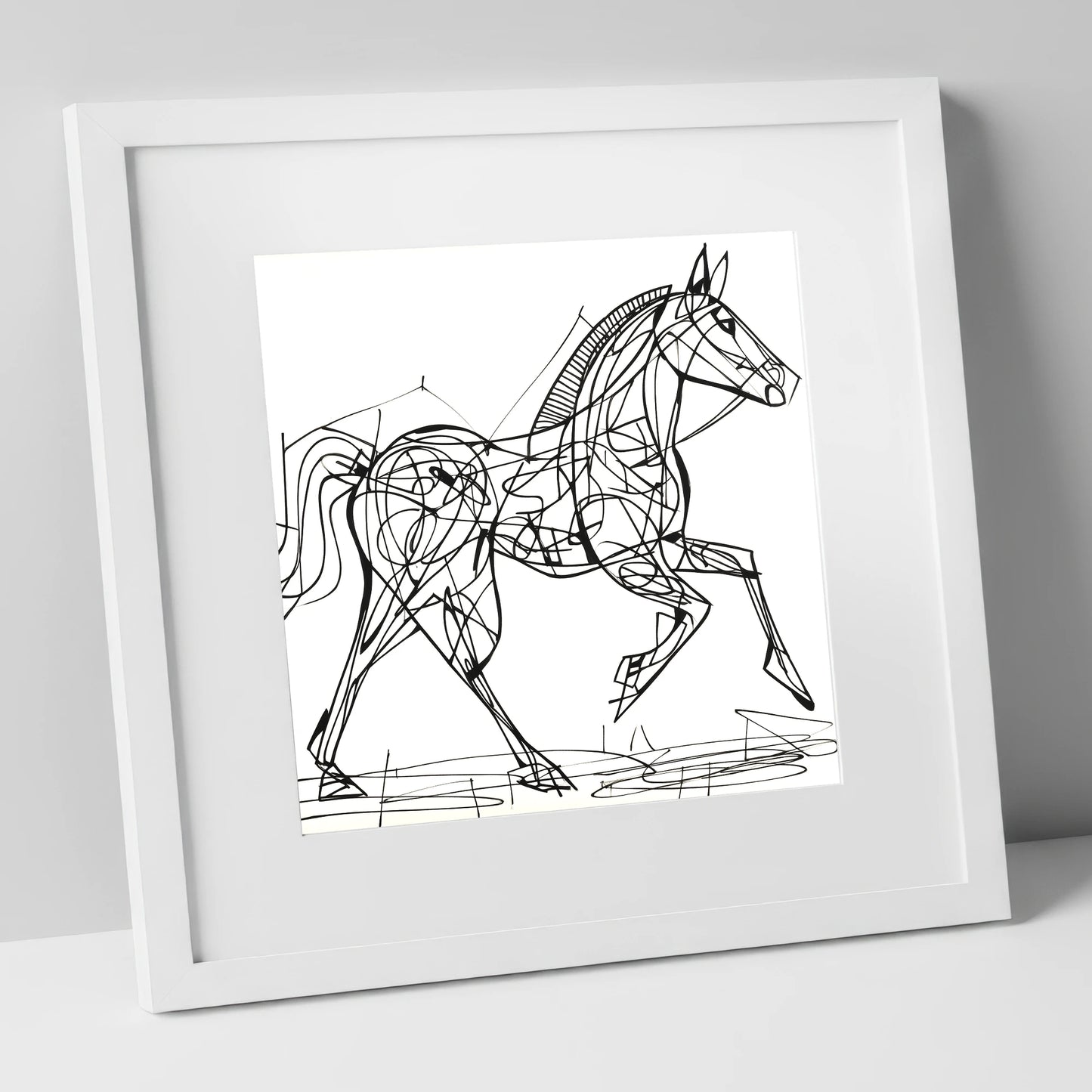 Structural Stride racing horse art print in white frame