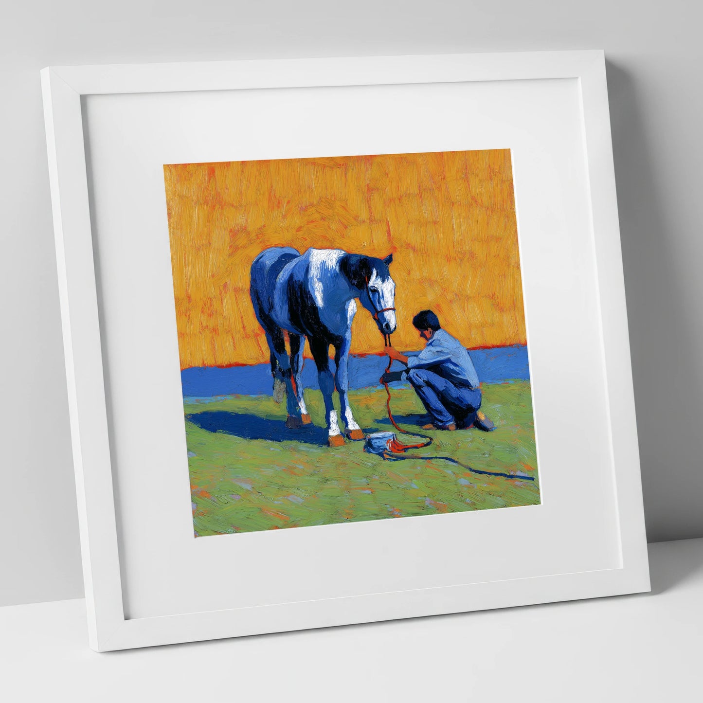 Sun-Drenched Connection horse & rider art print in white frame