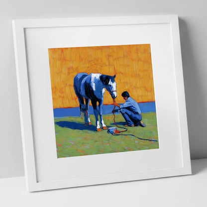 Sun-Drenched Connection horse & rider art print in white frame