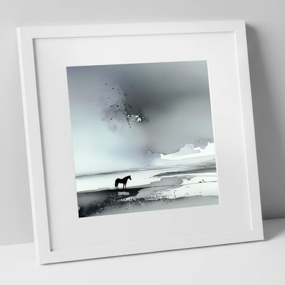 Solitary Horizon horse landscape art print in white frame