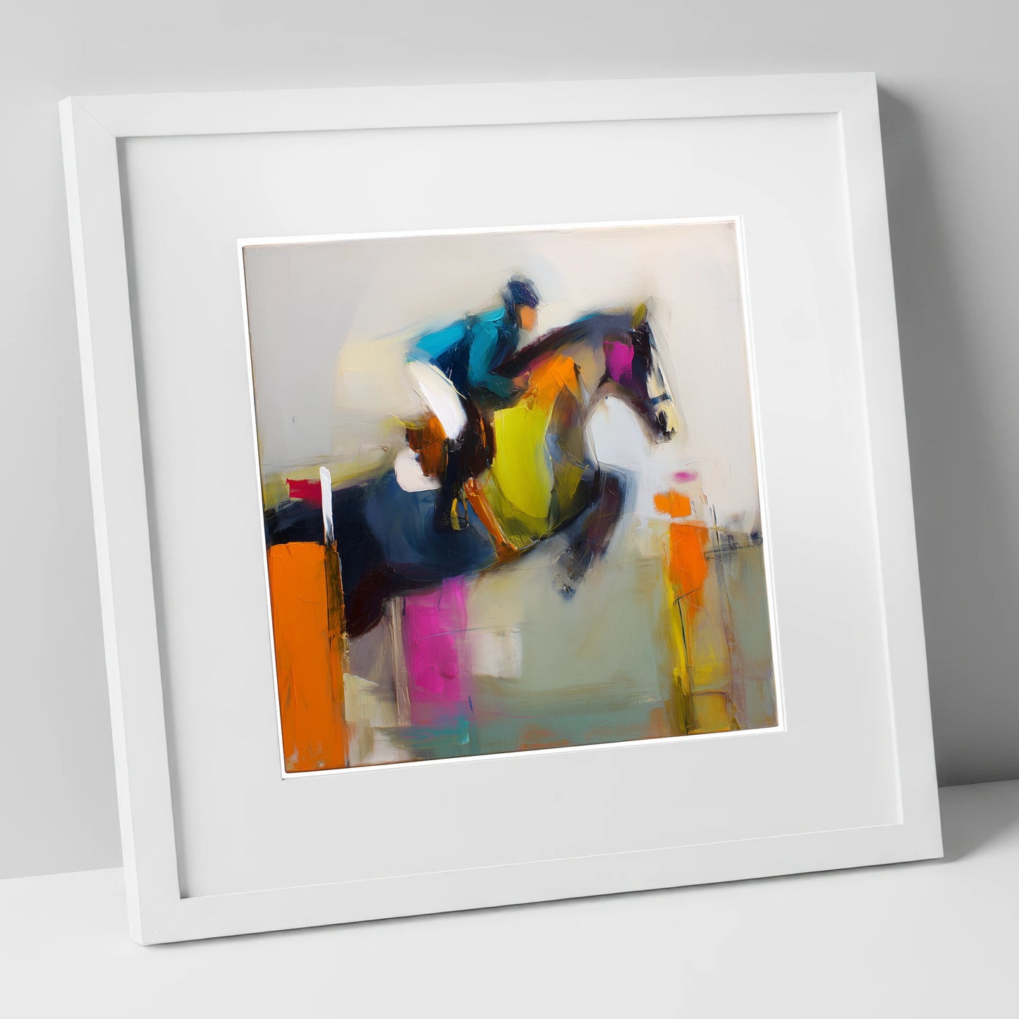 Dynamic Clear Round show jumping horse art print in white frame