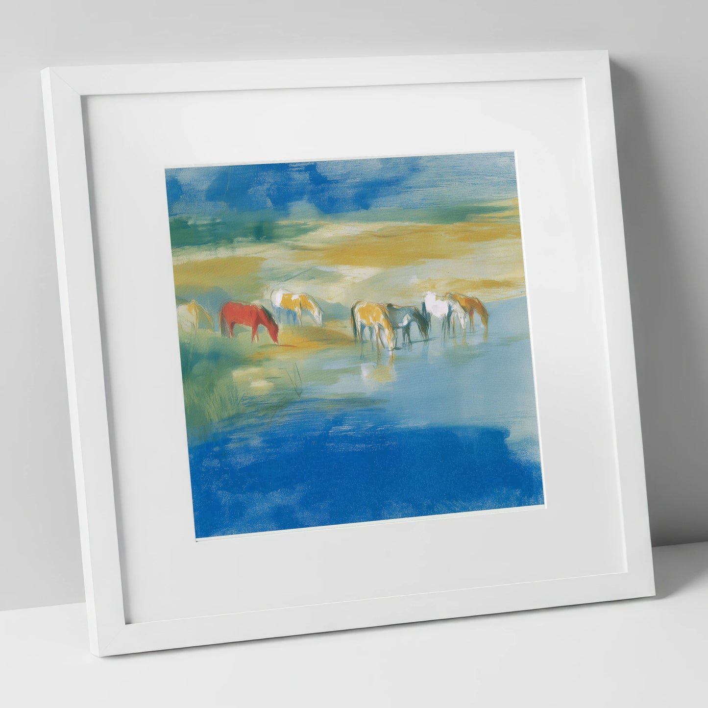 Vivid Watering Hole wild horses art print in white frame