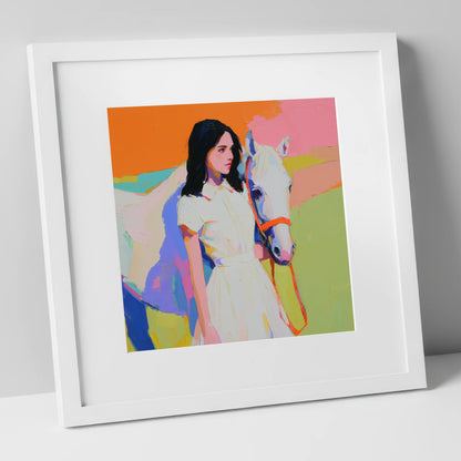 Painted Summer Bond horse & rider art print in white frame