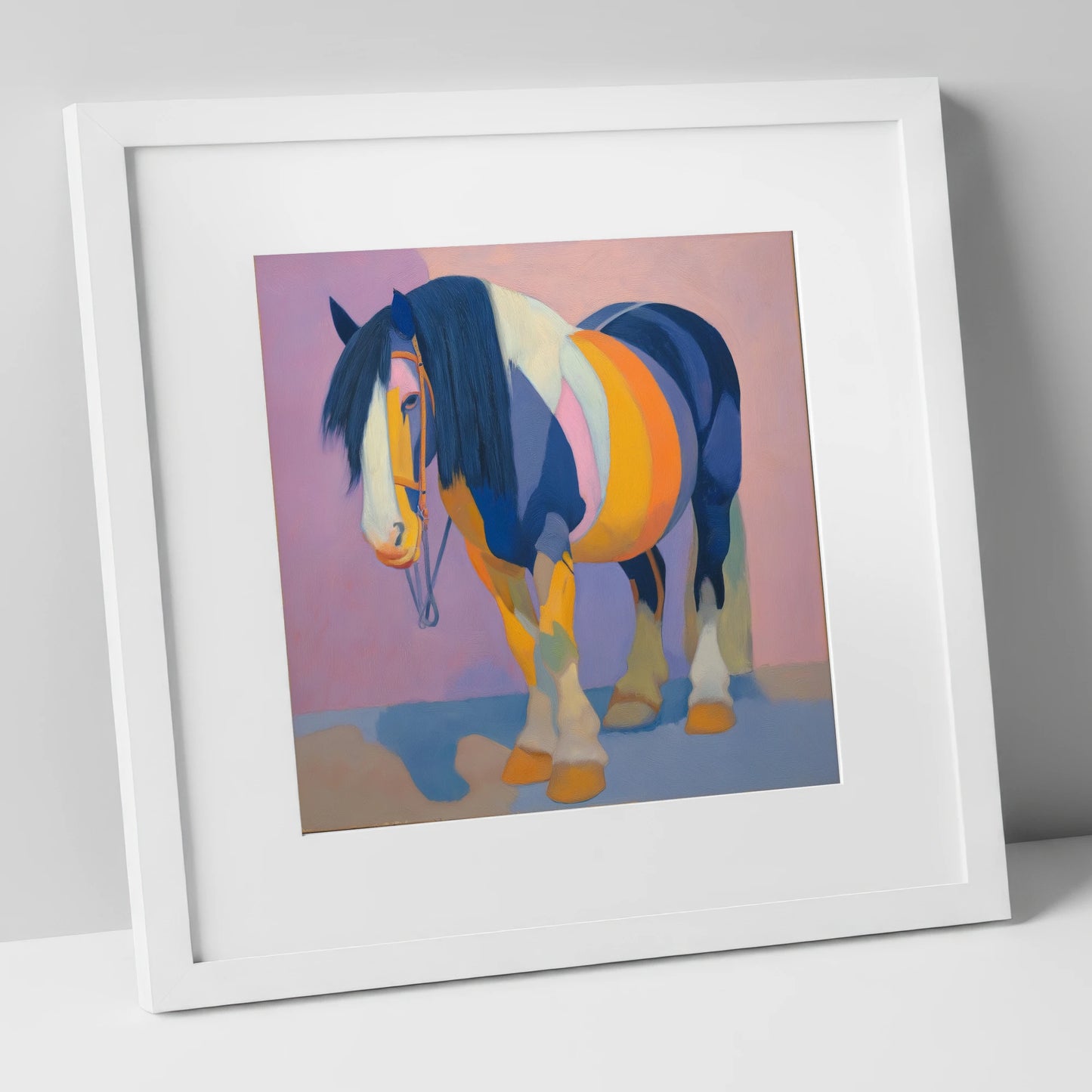 Vibrant Indigo Cob horse breed art print in white frame
