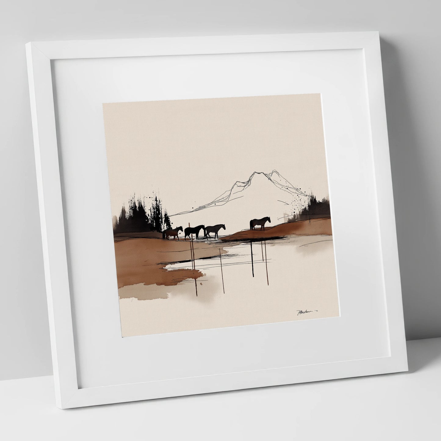 Mountain Pasture Silhouettes horse landscape art print in white frame