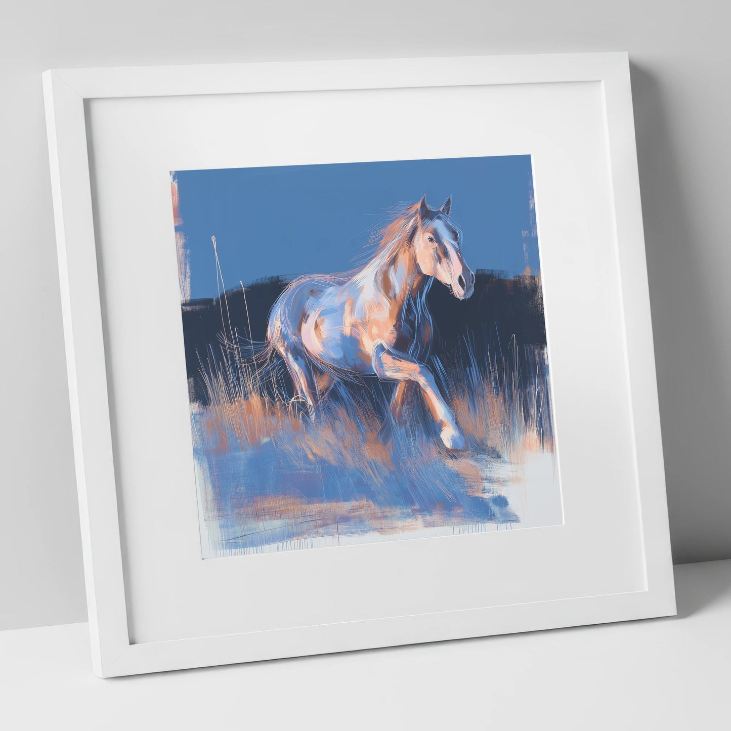 Wanderer in Blue horse landscape art print in white frame