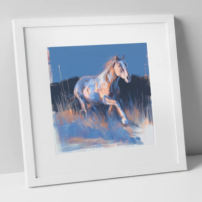 Wanderer in Blue horse landscape art print in white frame
