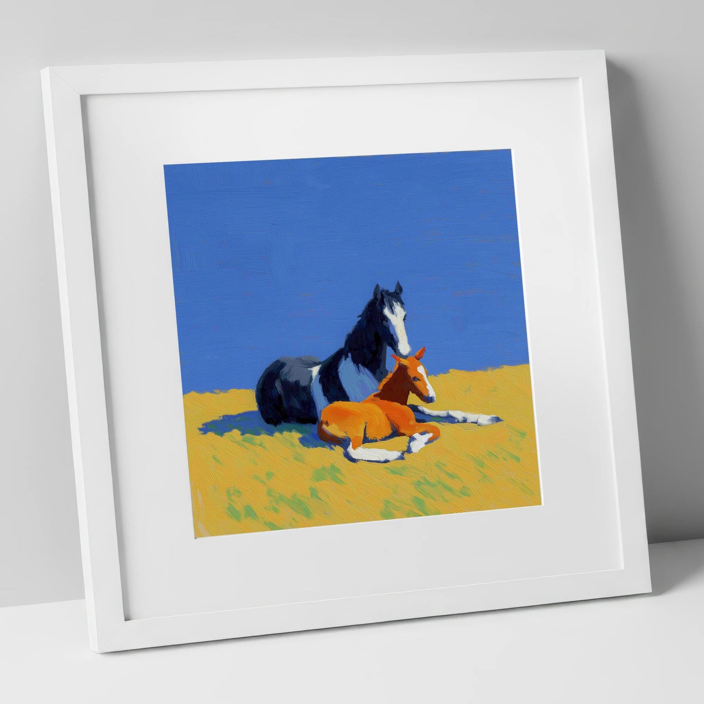 Sun-Drenched Bond mare & foal art print in white frame