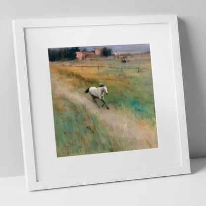 Morning Canter across the Lowlands horse landscape art print in white frame