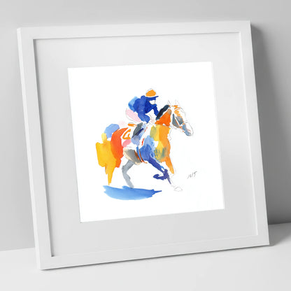 The Colourful Chase racing horse art print in white frame