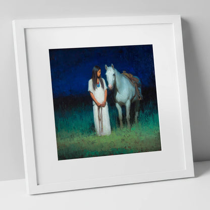 Quiet Night Vigil horse & rider art print in white frame
