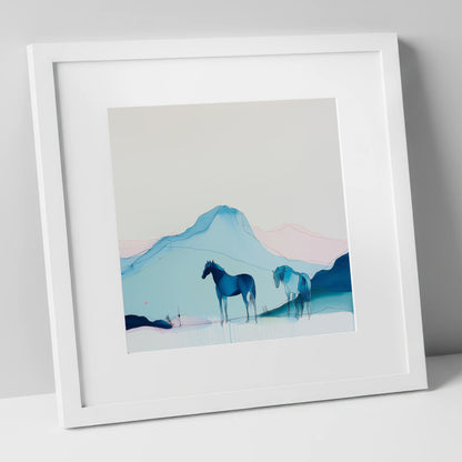 Azure Mountain Serenity horse landscape art print in white frame