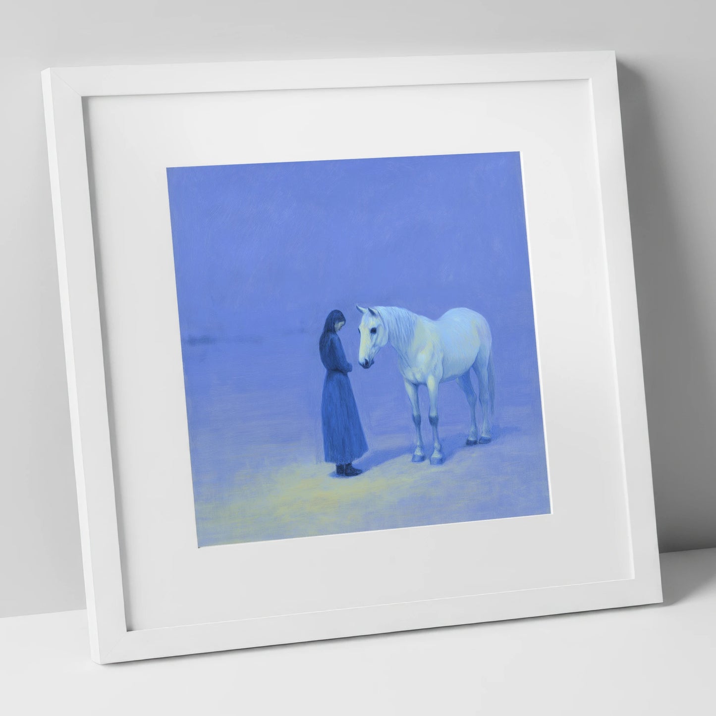 The Quiet Hour horse & rider art print in white frame