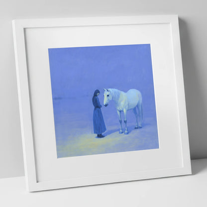 The Quiet Hour horse & rider art print in white frame