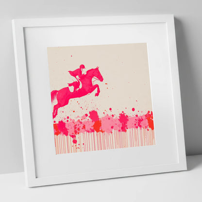 Magenta Flight show jumping horse art print in white frame