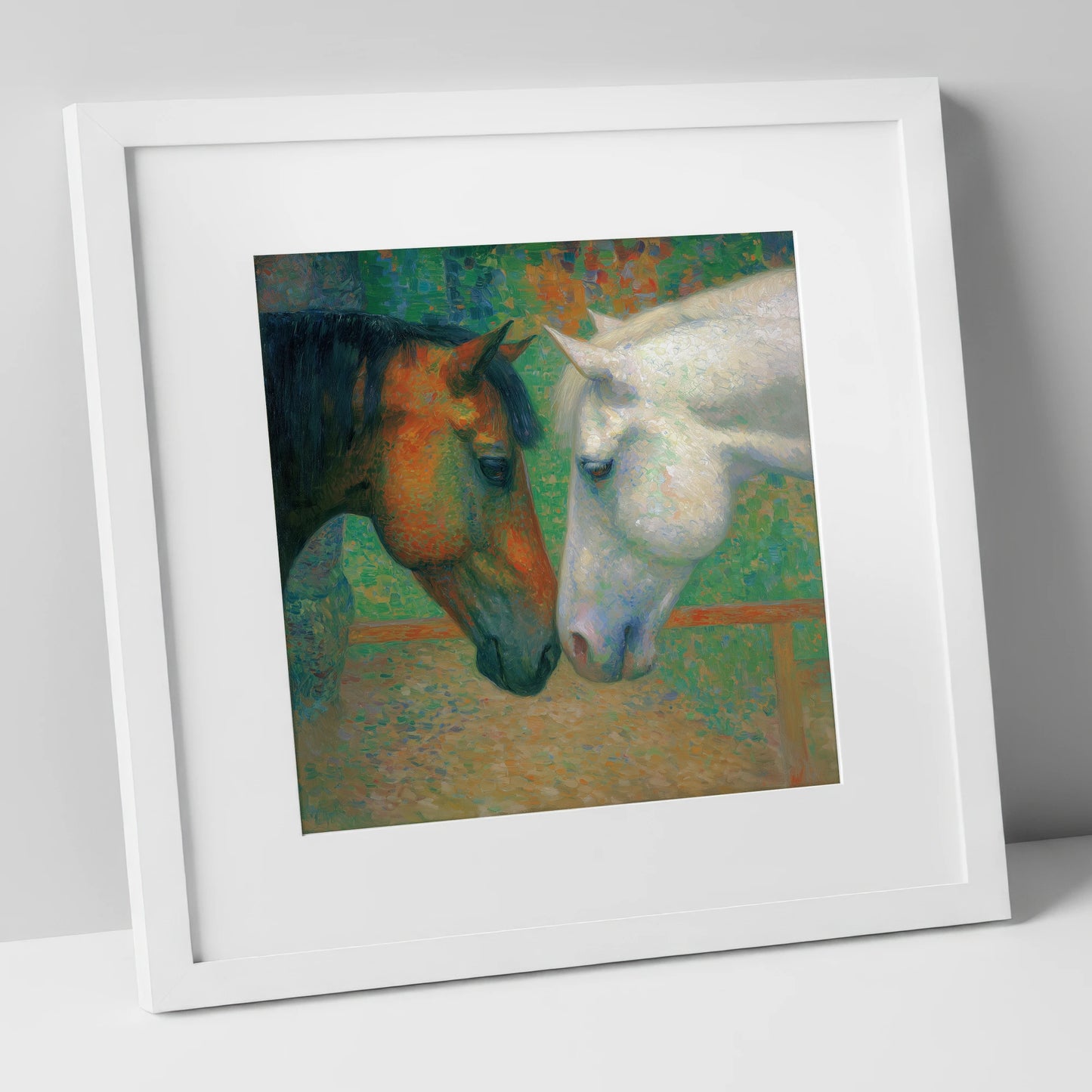 Quiet Companions horse portrait art print in white frame
