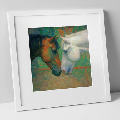 Quiet Companions horse portrait art print in white frame