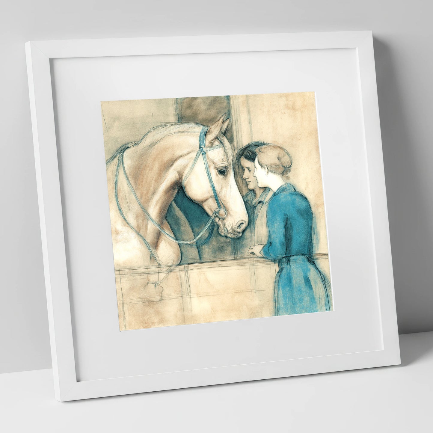 A Gentle Exchange horse & rider art print in white frame